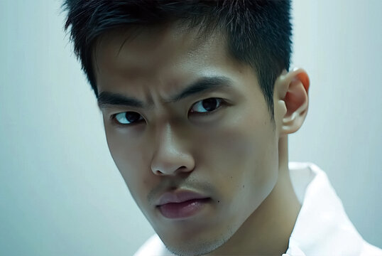 Intense Portrait Close up of Asian individual capturing powerful gaze and strong features against cool tone