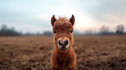 Fototapeta premium This enchanting close-up captures a pony with a friendly expression in a vast field, showcasing its innocence and charm, evoking feelings of joy and tranquility.