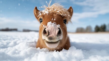 In this engaging image, a pony enjoys the snowy terrain, capturing the cheerful spirit of winter and evoking feelings of joy and lively playfulness in nature.
