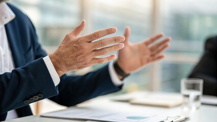 business presentation growth storytelling Concept. Businessman gesturing during a meeting, highlighting discussion and engagement in a corporate setting.