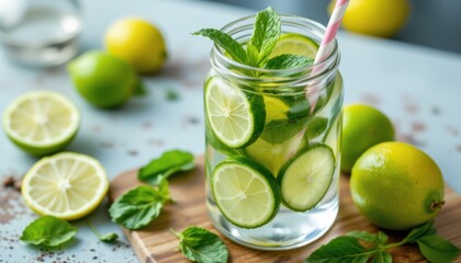 Fototapeta premium Refreshing lime mint drink recipe kitchen beverage clean close-up refreshment