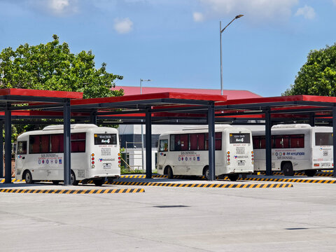 Para&ntilde;aque, NCR: Apr 12, 2025 - Modern jeepneys parked at Dr. Santos LRT-1 Station terminal in San Dionisio as part of PITX and Cavite Extension integration project - Para&ntilde;aque