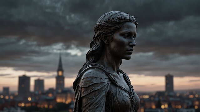 A statue of Freia, with ghostly outlines of a lost divine city behind her