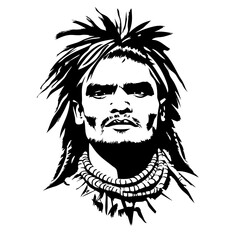 Obraz premium Bold Warrior Portrait with Long Hair and Traditional Neckwear Ideal for Tattoo and Art Projects