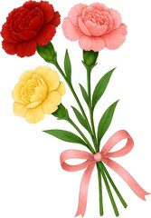 리본으로 묶은 빨강, 핑크, 노랑 카네이션 꽃 세 송이, 어버이날 선물, generative AI.