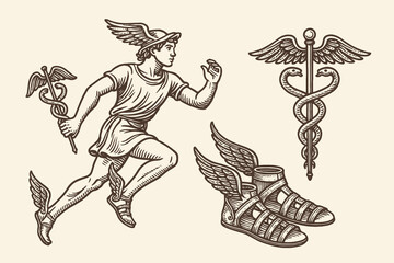 Fototapeta premium Engraved Hermes with winged sandals and caduceus set