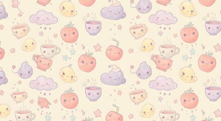 Colorful and whimsical pattern featuring cute fruits, smiling clouds, and cheerful cups set against a light background Generative AI