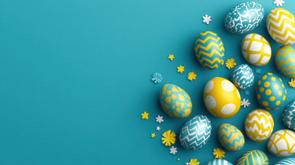 Colorful Easter vibrant array of patterned eggs and floral accents on serene turquoise backdrop