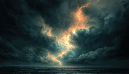 A dramatic sky of ominous clouds and intense lightning above a vast, dark sea.