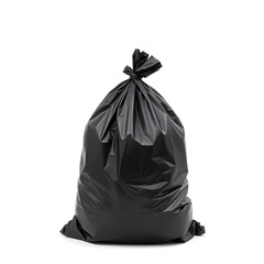 Black plastic trash bag tied and full on white background