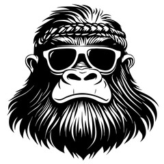 Stylized Gorilla Face with Sunglasses and Braided Hair for Unique Tattoo and Apparel Designs