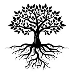 Obraz premium Detailed Black Tree with Roots and Leaves Illustration for Nature-Themed Designs
