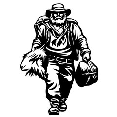 Fototapeta premium Adventure Hunter Carrying Bear Head and Backpack in Wilderness Landscape