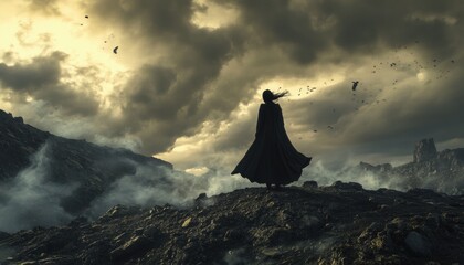 Silhouette of a woman amidst a stormy, desolate landscape.