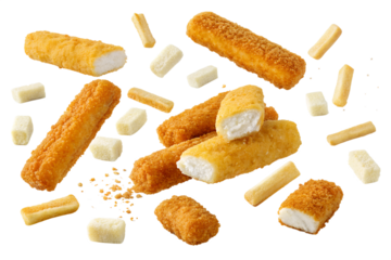 falling Fish fingers isolated fishcake sticks isolated on transparent background