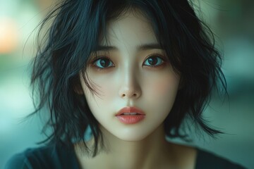 Fototapeta premium Pretty woman with short dark hair, eyes meeting the viewer's gaze, soft lighting