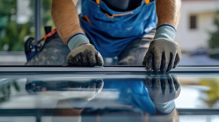 Window installer securing a glass panel into a frame. Featuring precision and durability
