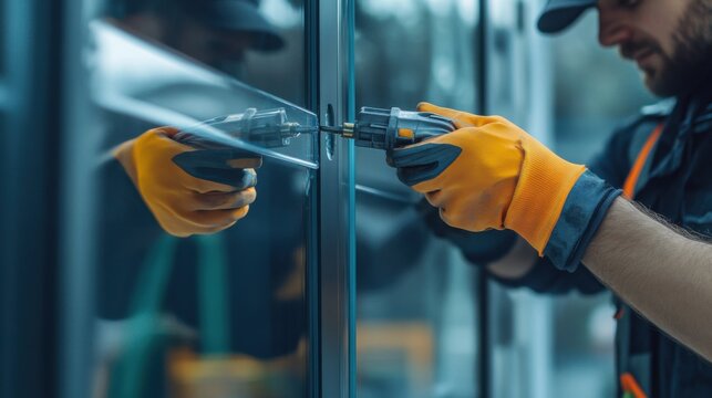 Window installer securing a glass panel into a frame. Featuring precision and durability