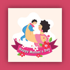 Happy Mother's Day Greeting Card with Cartoon Mother and Child Illustration.