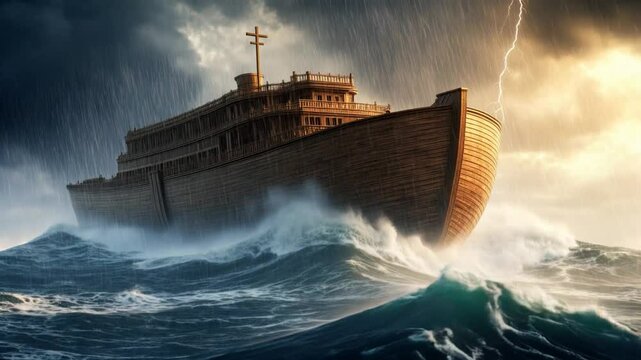 A massive wooden ark sails through towering stormy waves under a dark, dramatic sky, symbolizing survival, faith, and resilience during a powerful and divine flood. Noah's ark	