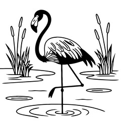 Elegant Flamingo Stork Standing in Marsh with Reeds and Water Ripples Illustration