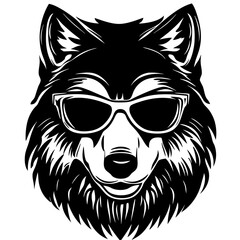 Obraz premium Stylish Wolf Head Vector Graphic with Sunglasses Ideal for Tattoo Design and Merchandise