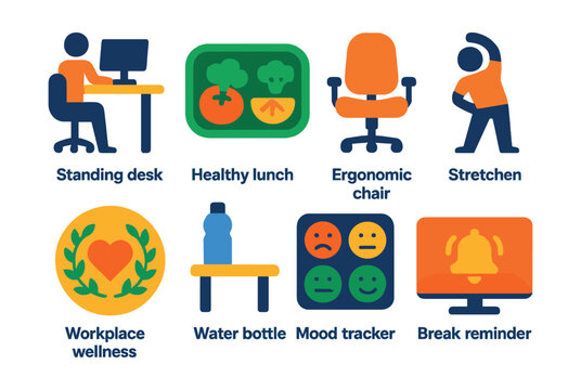 Set: desk, lunch, chair, stretch, wellness, bottle, tracker, reminder.