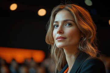 Fototapeta premium A businesswoman speaking at a conference, with the audience and stage in the background, shot in an editorial style for a commercial magazine 