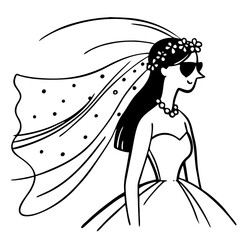 Stylish bride with flowing veil and sunglasses perfect for wedding decor and illustration
