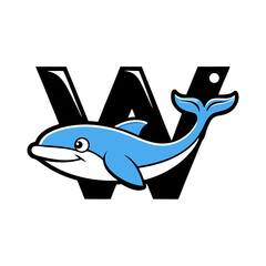 Sticker design of giant blue whale breaching through W