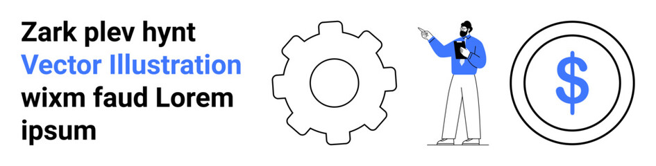 Businessman pointing to a clipboard, accompanied by a gear representing productivity and a dollar icon symbolizing finance. Ideal for planning, entrepreneurship, workflow, strategy, economics
