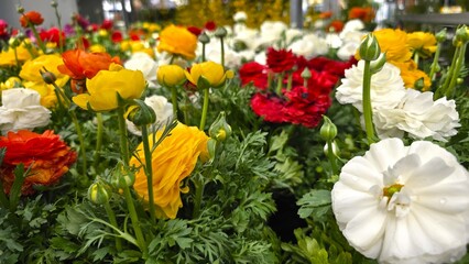 Obraz premium Closeup of blooming ranunculus flowers in red, white, yellow and orange. Colorful field of lush blossoms and buds with rich green foliage, captured on a sunny spring day.