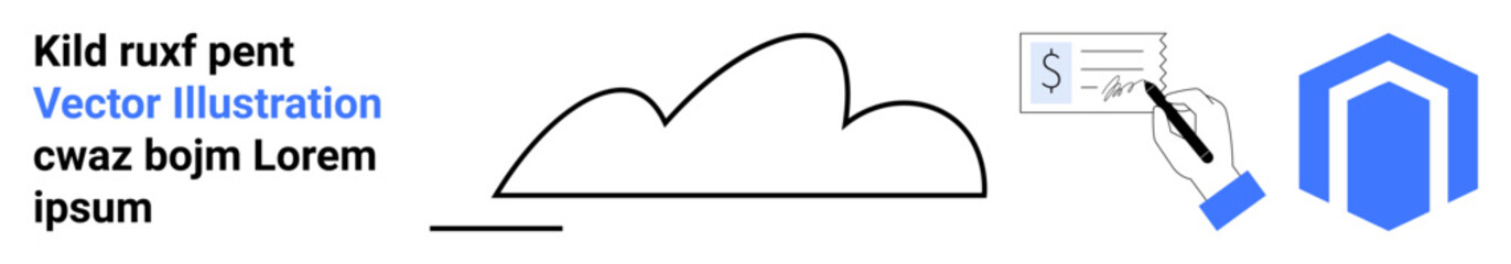 Abstract cloud graphic with a hand signing a document and a hexagonal tech logo. Ideal for finance, technology, cloud solutions, digital payments, innovation, branding, or a simple landing page