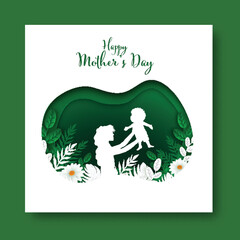 Fototapeta premium Happy Mother's Day Post with Cartoon Mother Playing Her Newborn Baby in Paper Cut Garden Background.