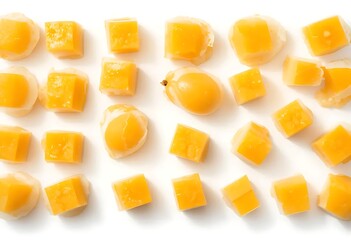 Arrangement of Lychee and Yellow Fruit Pieces on White Background