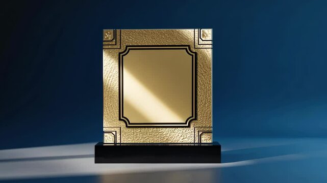 Elegant gold framed mirror with black accents on a dark blue gradient background with light creating shadows, studio setup.