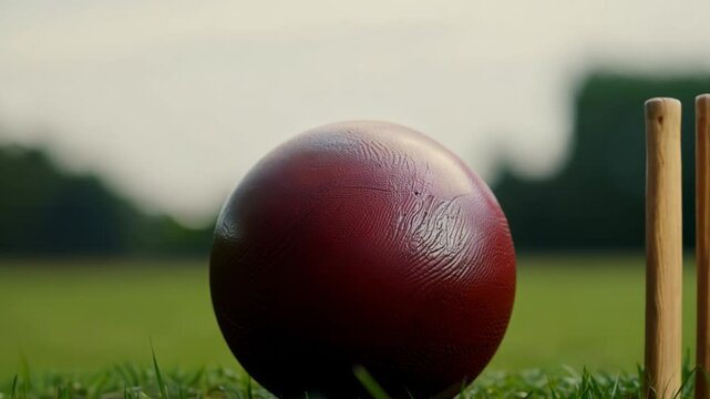 Red cricket ball lies on green grass near wickets