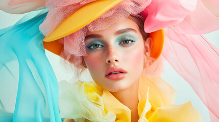 Spring fashion portrait featuring a model with pastel makeup and colorful props