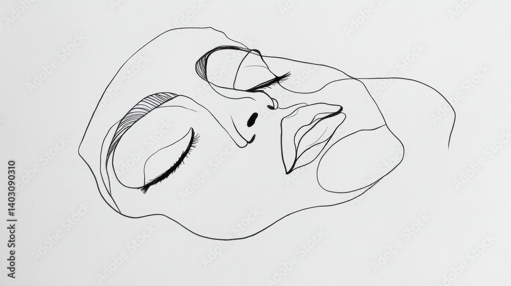Poster single line abstract face drawing created with black ink on white paper showcasing modern minimalism