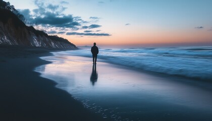 Solitary figure walks along a tranquil beach at sunrise.