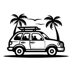 Surfer Car with Palm Trees and Ocean Elements Perfect for Beach Themed Designs