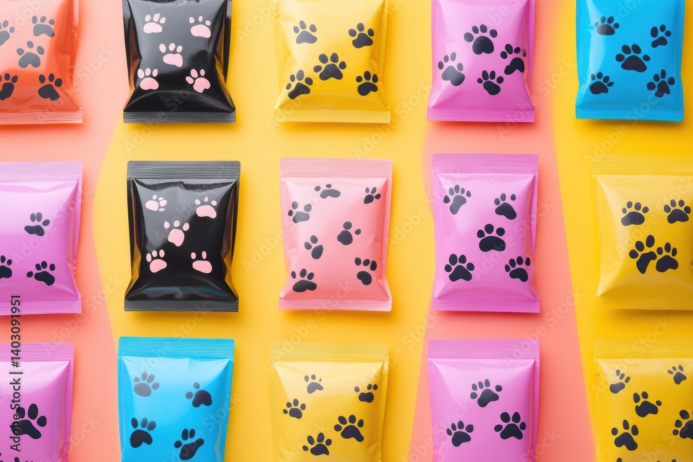 Poster sleek packaging design mockups for wet and dry pet food arranged in colorful rows on a flat surface 