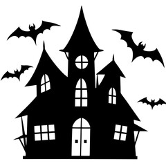 A haunted house silhouette with crooked windows and bats flying above