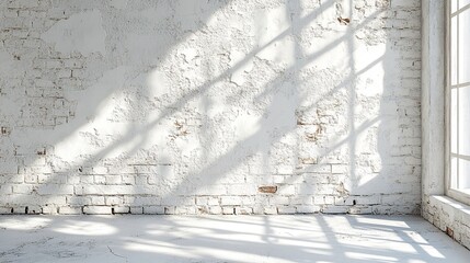 Minimalist White Brick Interior with Sunlight Streaming Through Window Creating Geometric Shadow Patterns on Textured Wall