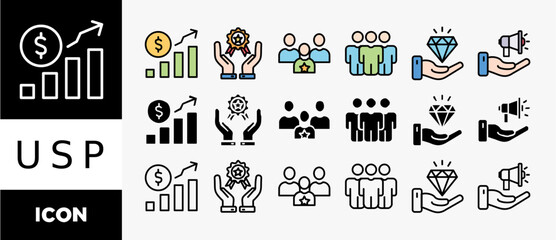 USP icon set with various styles and colors unique, sale, consumer, benefits, branding, and marketing