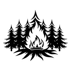Obraz premium Campfire Surrounded by Tall Pine Trees Nature Illustration Perfect for Outdoor Themes