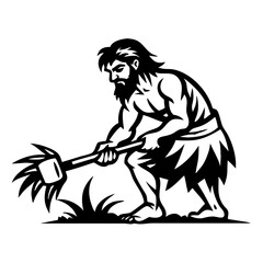 Strong Primitive Man Using Hoe for Agriculture in Ancient Farming Scene