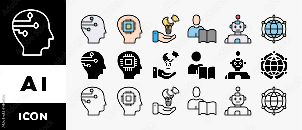 Poster ai icon set with various styles and colors artificial intelligence with icon of cybernetics, problem