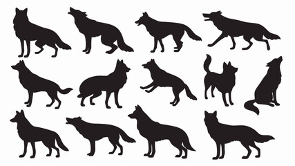 Silhouettes of wolves in various poses and movements. 
