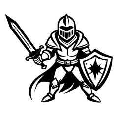 Knight in Armor with Sword and Shield Illustration for Fantasy Art and Tattoo Designs
